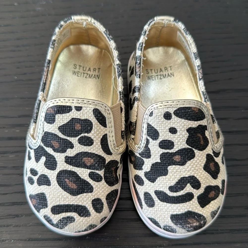 Stuart Weitzman Baby Nuggets animal print metallic gold trim slip on sneakers. 5